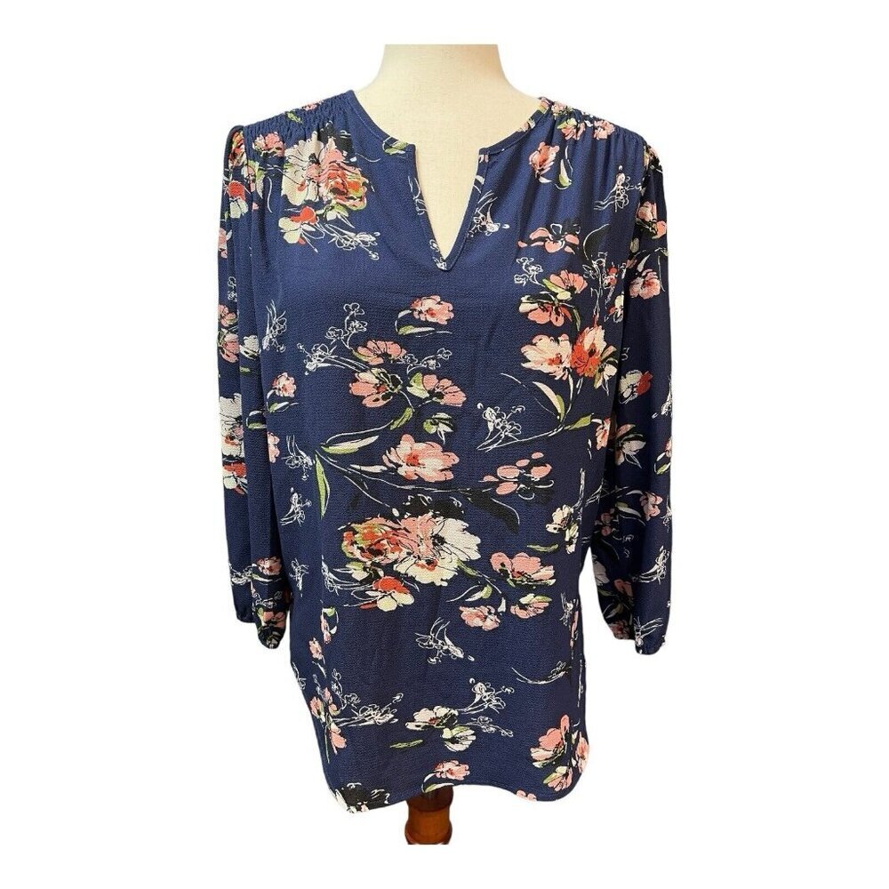 Fun2Fun Womens Floral Blouse~Size Small~Navy 3/4 Sleeve Top~NWOT~L12 10 - Picture 2 of 12